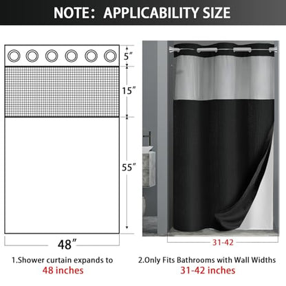 No Hook Shower Curtain with Liner Set Hotel Waffle Curtain Black 48W X 75L | Washable Snap in Fabric Liner, Mesh Top Window, Waffle Hotel Style Shower Curtain Set - color: Black, size: Small Stall 48"W x 75"L