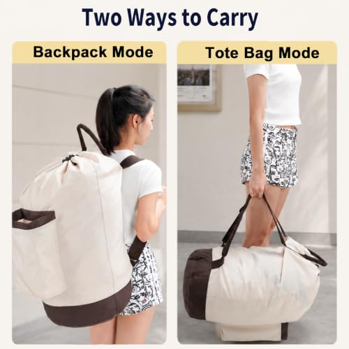 Seiritex Laundry Bag Backpack with Shoulder Straps and Detergent Holder Clothes, Travel Laundry Backpack Bag Hamper for College (Khaki w Brown) - color: Khaki w Brown