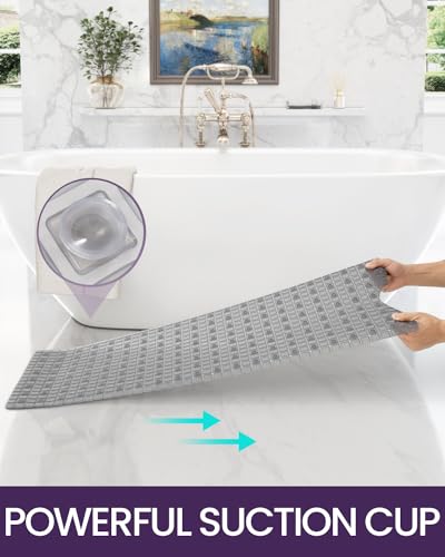DEXI Bathtub Mat Non Slip, 39x16 Bath Tub Shower Floor Mats, Clear Grey | Extra Long Suction Cups, Drain Holes, Machine Washable for Tub Shower Floor Bathmat - color: Clear Gray