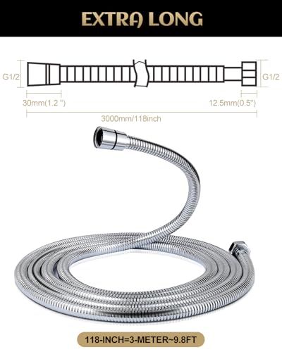 Stainless Steel Shower Hose Extra Long, 118 Inches Shower Head Hose Replacement, G1/2 Universal Brass Nut, Flexible Swivel Connection Anti-Kink, Anti-Explosion Leakproof, Chrome