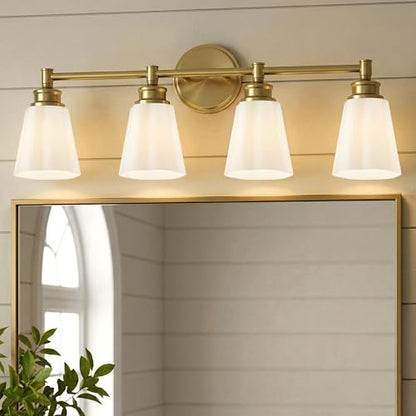 kudos 4-Light Brushed Gold Vanity Light, Milk White Glass Shade | 19" bathroom light fixtures over mirror, upward or downward, E26 base, bulbs not included, Hardwired, KDVL17-GD-ML-4 - size: 4-Light
