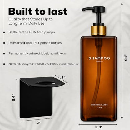 Amber Shampoo and Conditioner Dispenser Set Wall Mounted by Brighter Barns - Refillable Shower Dispenser 3 Chamber No Drill - Plastic Shampoo Bottles for Shower Wall, Guest Bathroom, RV, Hotel (Amber) - color: Amber