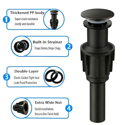 Bathroom Sink Drain Without Overflow- Oil Rubbed Bronze Pop up Drain for Bathroom Vanity Vessel Sink Drain Stopper - Anti-Clog Pop-up Plastic Drain with Hair Catcher Strainer - color: Oil-rubbed Bronze