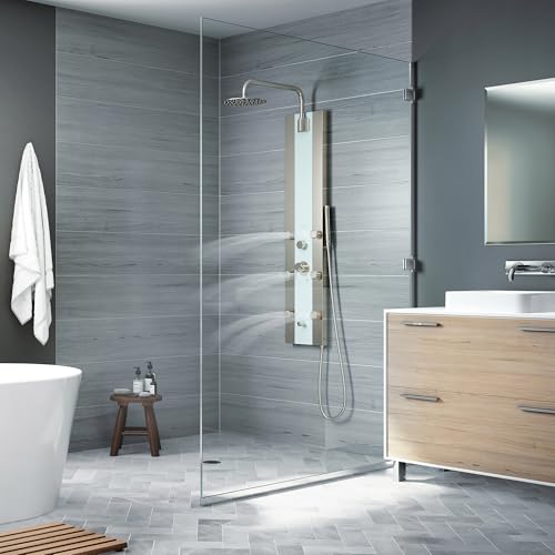 Tropicana ShowerSpa Panel with 10" Rain Showerhead - Brushed Stainless Steel Body & Fixtures, Seafoam Tempered Glass Panel, 1.8GPM - Rain Shower Head with Handheld Spray Wand, 6 Silk-Spray Jets, Spout - color: Brushed Nickel Fixtures 1.8 GPM