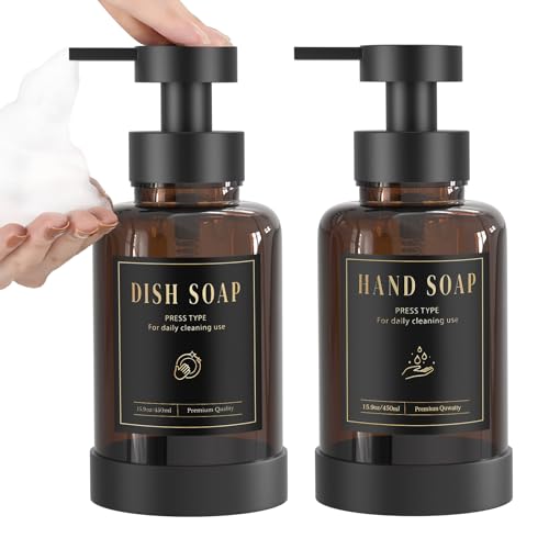 Luxspire Glass Foaming Soap Dispenser 15oz Hand Soap Bottle, Amber, 2 Pack | Anti-drip pump, wide mouth easy refill, non-slip silicone base, 7 waterproof labels, bathroom and kitchen sink use - color: Amber