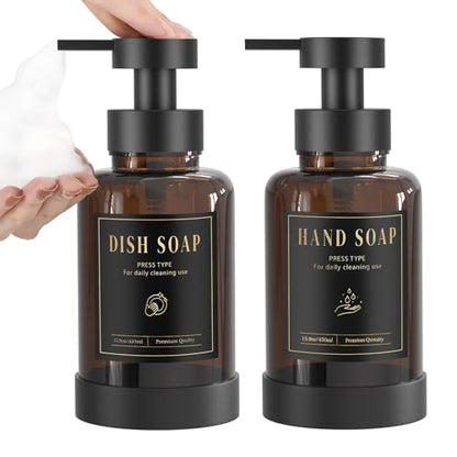 Luxspire Glass Foaming Soap Dispenser 15oz Hand Soap Bottle, Amber, 2 Pack | Anti-drip pump, wide mouth easy refill, non-slip silicone base, 7 waterproof labels, bathroom and kitchen sink use - color: Amber