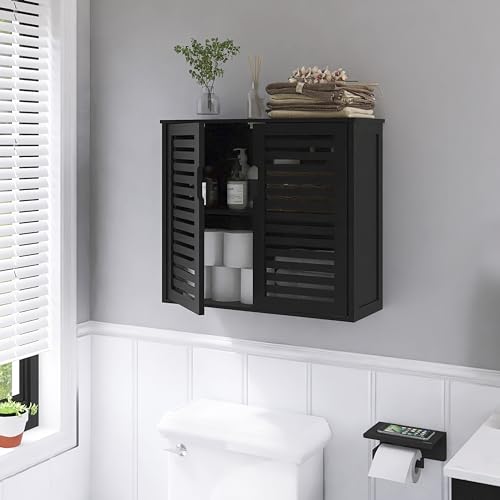 HITNET Black Bathroom Storage Cabinet, Hanging Medicine Cabinet with Adjustable Shelf, Bamboo Over the Toilet Wall Mounted Space Saver Organizer, Double Doors - color: Black