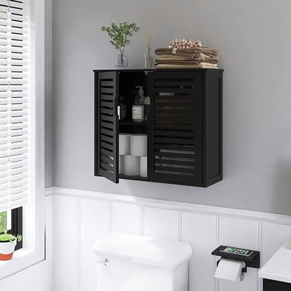 HITNET Black Bathroom Storage Cabinet, Hanging Medicine Cabinet with Adjustable Shelf, Bamboo Over the Toilet Wall Mounted Space Saver Organizer, Double Doors - color: Black
