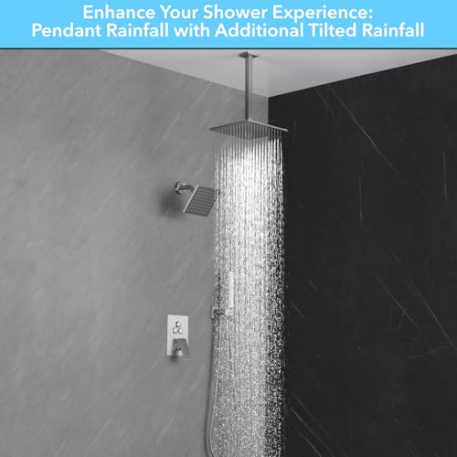 VANFOXLE Rain Shower System Brushed Nickel Shower Faucet Set, High Pressure | Push Button Diverter,16 Inch Ceiling Mount Rain Head Increased Thick, 6 Inch Side Head, 2-in-1 Handheld Sprayer - color: Brushed Nickel, style: 10"+6" Head