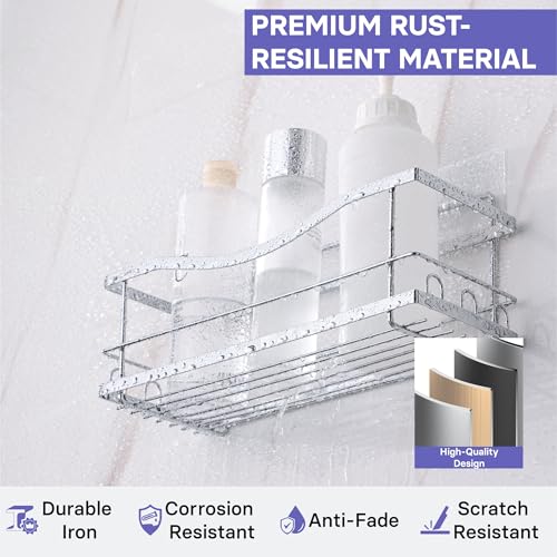 Iron Shower Caddies - Self Adhesive Bathroom Shelves for Showers - Wall Organizer Shampoo Holder Shelf - Peel and Stick On Caddy Bath Tub Rack - Pack of 2 Holders - Silver