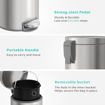 mVm Small Trash Can,1.3 Gallon/5 Lliter Step Bathroom Trash Can with Lid and Foot Pedal,Anti-Fingerprint,Soft-Close.Round Brushed Stainless Steel Garbage Can for Bathroom,Office,Living Room (Silver) - color: Silver, size: 1.3Gal/5L