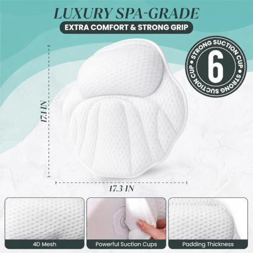 Bath Pillows for Tub, Complete Spa Set with Loofah & Wash Bag – Bathtub Pillow for Head and Neck and Back Support, 6 Strong Suction Cups, Quick-Dry 4D Air Mesh, Gift-Ready