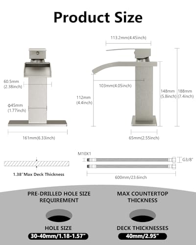 Brushed Nickel Waterfall Bathroom Faucet 1-Handle Vanity Faucet | Stainless Steel Modern Bathroom Sink Faucet,Pop-Up Drain, Supply Lines 6-in Deck Plate, 1- or 3-Hole, NSF Certified - color: Nickel