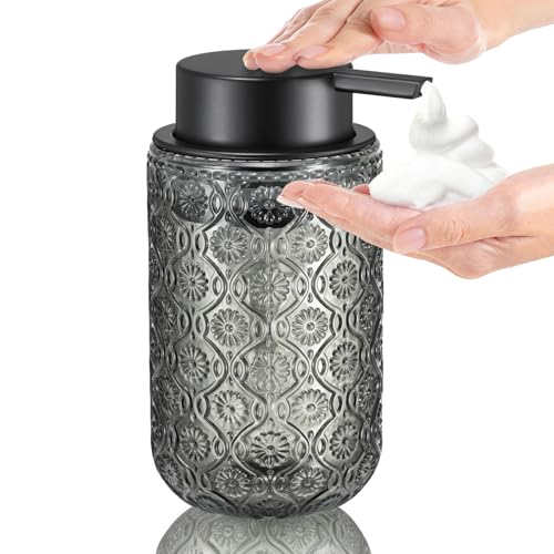 Gray Glass Foaming Hand Soap Dispenser | with Matte Black Pump Thick Embossed Bottle Refillable for Bathroom and Kitchen Decor 13.5 oz - color: Deep Gray