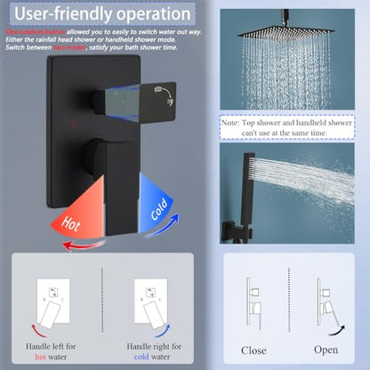 12 Inch Matte Black Ceiling Mount Shower System Bathroom Luxury Rain Mixer Shower Combo Set Ceiling Rainfall Shower Head System Faucet Contain Rough-in Valve and Trim Included - color: Matte Black, size: 12 Inch
