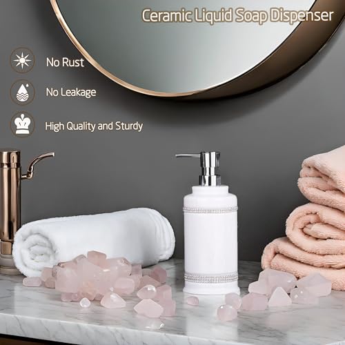 17 OZ Hand Liquid&Lotion Soap Dispenser Pump Bottle Ceramic White for Kitchen Bathroom Countertop Laundry Room Holds Dish Soap Shampoo Laundry Liquid Shower Gel (Inlaid Rhinestone) (White1) - color: White1