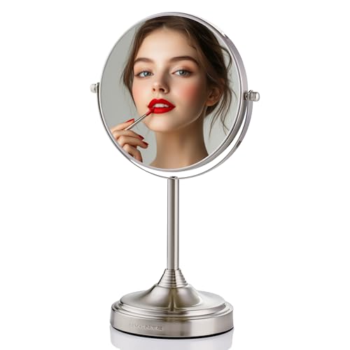 OVENTE 7" Tabletop Magnifying Makeup Mirror, Nickel Brushed MNLCT70BR1X7X | Double Sided Vanity Standing Mount Mirror with 1X/7X Magnification, 360° Rotation, Perfect for Dresser Bedroom Office Desk - color: Nickel Brushed, size: 13.3"L x 6.5"W, style: No