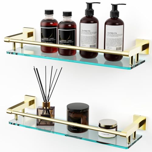 Glass Shelf for Bathroom, 20 Inch Tempered Glass with Brushed Gold Stainless Steel Railing, Floating Glass Shelves Sink Over Toilet Modern Bathroom - color: Brushed Gold, size: 20'' with Railing