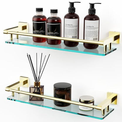 Glass Shelf for Bathroom, 20 Inch Tempered Glass with Brushed Gold Stainless Steel Railing, Floating Glass Shelves Sink Over Toilet Modern Bathroom - color: Brushed Gold, size: 20'' with Railing