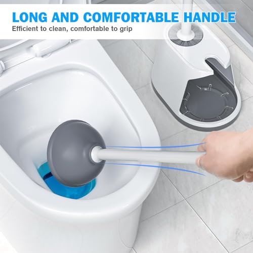 Toilet Plunger and Brush Set, Bowl Brush and Heavy Duty Toilet Plunger with Ventilated Holder, 2-in-1 Toilet Brush and Plunger Combo for 5.3-inch Toilet Drain Bathroom Deeply Cleaning(White & Grey) - color: White & Grey01