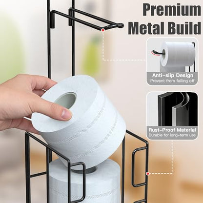 Toilet Paper Holder Stand with Storage, Free Standing Paper Roll Dispenser for 4 Mega Rolls, Space-Saving Bathroom Organizer, Easy Assembly & Stable