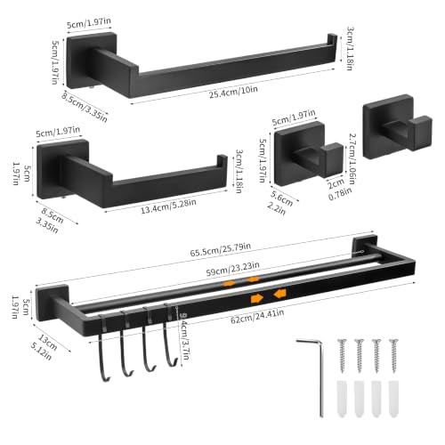 9 Piece Matte Black Bathroom Hardware Set, 24 Inch Double Towel Bar with Removable Hooks, SUS304 Stainless Steel Wall Mounted Heavy Duty Rustproof Accessories for Bathroom Kitchen - color: B-24 Matte Black