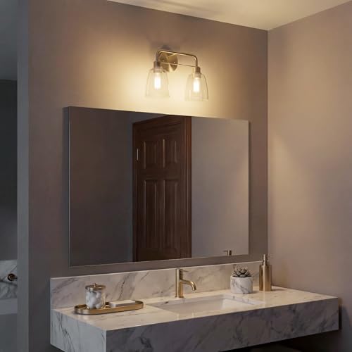 Kichler Meller 2-Light Bathroom Vanity Light Fixture with Clear Glass Shades, Industrial Wall Sconce in Champagne Bronze for Bathroom Mirror (11.25" x 5.5" x 7"), 55101CPZ - color: Champagne Bronze, style: Industrial