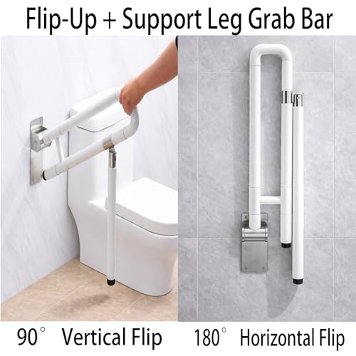 23.6" Flip-Up Toilet Grab Bar with Support Leg, Stainless Steel Bathroom Safety Rail for Elderly & Disabled, Folding Handicap Grab Bar Wall Mounted Assist Handle for Toilet, Shower & Bathtub