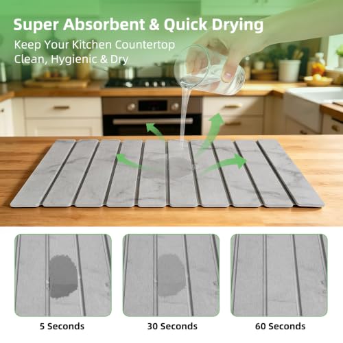 Large Stone Dish Drying Mat for Kitchen Counter, 24"×16" Foldable Quick Drying Mat, Absorbent Diatomaceous Earth Drying Mat for Bottles Cups Dishes, Match Any Countertop (Gray Marble, 24" x 16") - color: Gray Marble