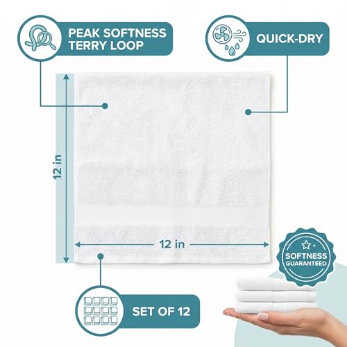 Sofea 100% Cotton Washcloths Set of 12, (12 x 12 Inch) 520 GSM Wash Cloths, Extra Soft Absorbent Quick Dry Face Towels - color: White