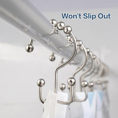 DAWNER Shower Curtain Hooks, Rust Proof Metal Easy Glide Double Rings, Stainless Steel Hangers for Bathroom Curtains, Set of 12, Brushed Nickel - color: Brushed Nickel