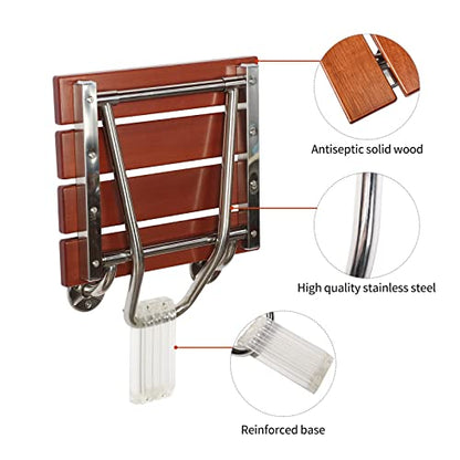 Folding Shower Seat Wall Mounted, Teak Wood, 15'' Foldable Shower Chair | 350lbs Capacity, Folding Shower Bench,Bathroom Stool, For Seniors Adults Disabled, For Indoor Shower Small Spaces