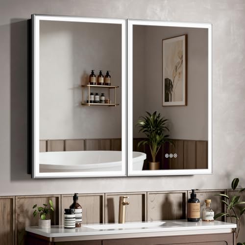 40x32 Inch Lighted Medicine Cabinet Silver Aluminum Frame 3-Color Dimmable LED Anti-Fog Mirror Surface & Recessed Mount for Bathroom Hotel Apartment Dressing Room Entryway - color: Silver, size: 40X32 IN
