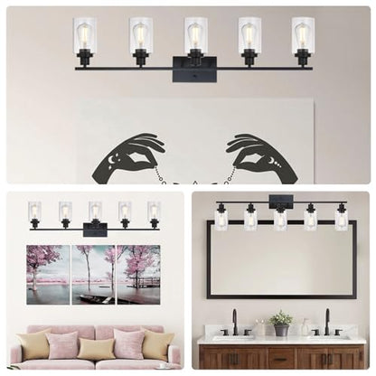 MELUCEE 40 Inches Length 5-Light Bathroom Vanity Light Fixtures Black | Industrial Wall Sconce Lighting with Clear Glass Shade for Living Room Bedroom Hallway Kitchen (Patent No.: US D963914 S) - color: Black, size: 5-Light