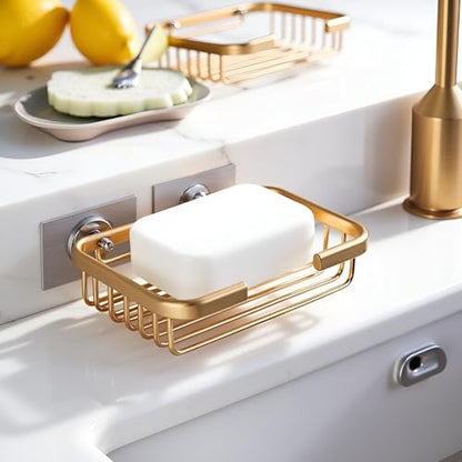 2Pcs Gold Stainless Steel Adhesive Soap Dish,Secure Bar Soap Holder for Shower Wall,Drill Free Soap Holder Storage Rack, Rack Soap Tray Bar for Bathroom and Kitchen Soap Dishes