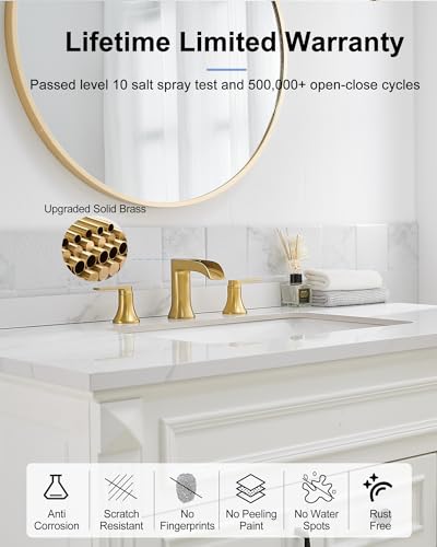 Brushed Gold Bathroom Faucet Waterfall, 4-16 Inch Brass Widespread Faucet for Bathroom Sink 3 Hole, 2 Handle Bathroom Sink Faucets for Modern Farmhouse Hotel with Pop-Up Drain & Supply Hose - color: Brushed Gold, style: WITH Pop Up Drain