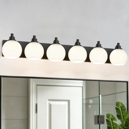 IZORRO Bathroom Light Fixtures, 6-Light Matte Black Vanity Light, Modern Wall Sconces with Globe Milk White Glass Shade, Vanity Lighting Fixtures Over Mirror,E26 Bulb Socket - color: Black-White, size: 6-Light