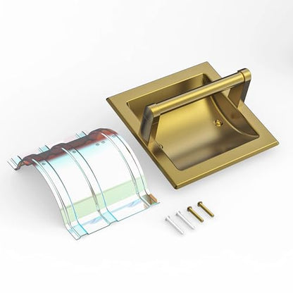 Recessed Gold Toilet Paper Holder Wall Mounted 304 Stainless Steel | Brushed Brass Post Pivoting Design Easy to Change Roll, in Wall Toilet Paper Holder for Mega Roll Waterproof & Rustproof - color: Gold