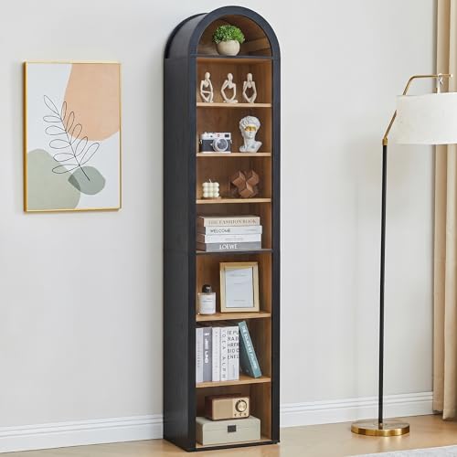 Turtle&Myrtle Tall Narrow Arched Bookshelf, 8-Tier Skinny Arch Bookcase for Small Space, Freestanding Storage Organizer with Adjustable Shelves, Open Display Shelves for Living Room, Entryway (Black) - color: Black&natural, size: 11.8"D x 15.75"W x 71"H