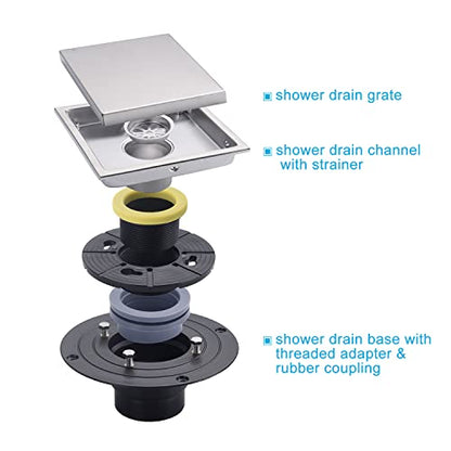 6 Inch Shower Drain Square Brushed Nickel，with Adjustable Drain Flange Kit Base PVC, Removable Grid Strainer Cover and Invisible Floor Insert, SUS304 Stainless Steel - color: Brushed Nickel