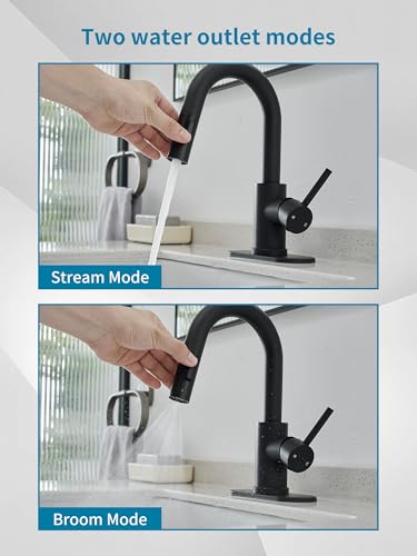 Black Bathroom Sink Faucet with Pull Out Sprayer for Sink 1 Hole,Bar Sink Faucet with Pop-Up Drain,Stainless Steel Single Handle Kitchen Faucet 360°Swivel Bathroom Faucets for Two Water Outlet Modes - color: Black, style: Pull-out