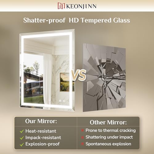 Keonjinn 60 x 36 Inch Beveled Lighted Bathroom Mirror, Frontlit & Backlit | HD Tempered Glass, LED Bathroom Mirror with Lights, 3000K/4500K/6000K, Fast Defogging, Dimmable, Memory Function, CRI90+ - size: 36"L x 60"W