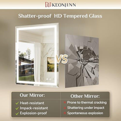 Keonjinn 60 x 36 Inch Beveled Lighted Bathroom Mirror, Frontlit & Backlit | HD Tempered Glass, LED Bathroom Mirror with Lights, 3000K/4500K/6000K, Fast Defogging, Dimmable, Memory Function, CRI90+ - size: 36"L x 60"W
