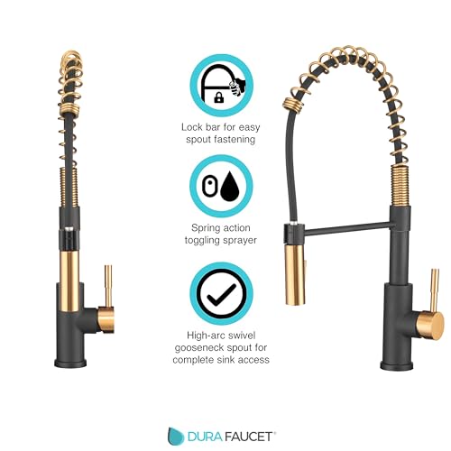 Dura Faucet DF-MK504SLK-MBRG RV High-Arc Pull-Down Kitchen Faucet (Matte) | Spring single-handle design with a swivel spout for cooking and cleanup. Matte Black/Rose Gold finish. - color: Matte Black / Rose Gold