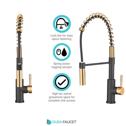Dura Faucet DF-MK504SLK-MBRG RV High-Arc Pull-Down Kitchen Faucet (Matte) | Spring single-handle design with a swivel spout for cooking and cleanup. Matte Black/Rose Gold finish. - color: Matte Black / Rose Gold
