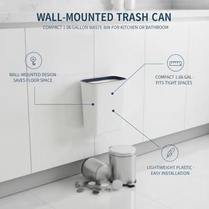 Wall-Mounted Trash Can, Compact 1.06 Gallon Waste Bin for Kitchen Cabinet or Bathroom, Space-Saving PP Plastic Disposal Unit (1 PC) - color: White