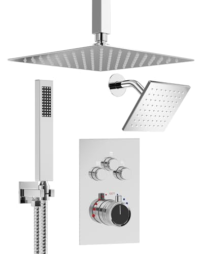 Shower Faucet Set with Handheld Spray, Polished Chrome | 12" Ceiling Mount SUS304 Rainfall Shower Head System, 6" Side Head, 3-Function Thermostatic Valve Trim Kit, All Metal - color: Chrome