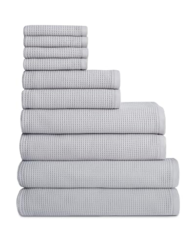 Cozy Earth Complete Waffle Bath Bundle, 60% Cotton 40% Viscose from Bamboo | Quick Dry and Ultra-Soft Waffle Weave Bath Towels, 4 Washcloths, 2 Hand Towels, 2 Bath Towels, 2 Bath Sheets, Harbor Mist - color: Harbor Mist