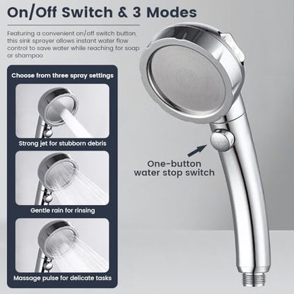Sink Faucet Sprayer Attachment, Universal 5-Adapter Kit with On/Off Switch and 3 Spray Modes, Retractable Hose Sprayer for Kitchen Sink, Pet Washing, and Bathroom Cleaning