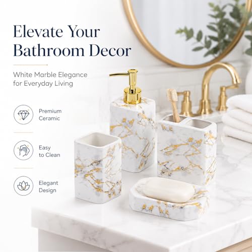 4 Piece Bathroom Accessories Set - White Bathroom Accessory Sets Includes Lotion Dispenser, Toothbrush Holder Tumbler, and Soap Dish - Glossy Finish (Marble, White) - color: White
